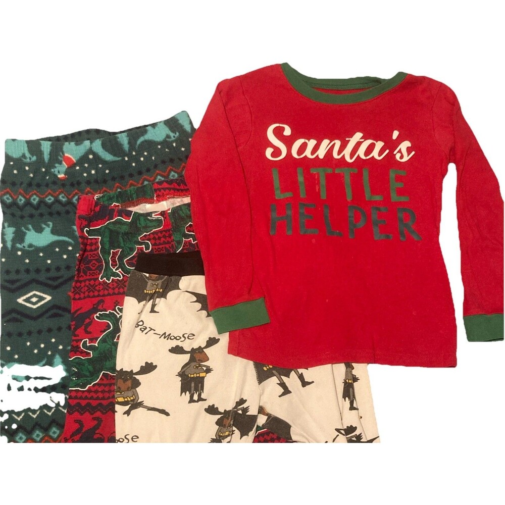 Sz 6 Boys Lot 4PCs PJ Pajamas Bundle Winter Santa Batman Dino GUC